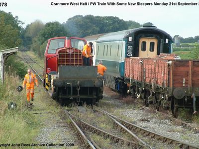 Monday 21st Sept 2009. ex works 0-4-0 Sentinel Cattewater with Pway train of some new sleepers. Pat Goodfellow and Phil Hamerton